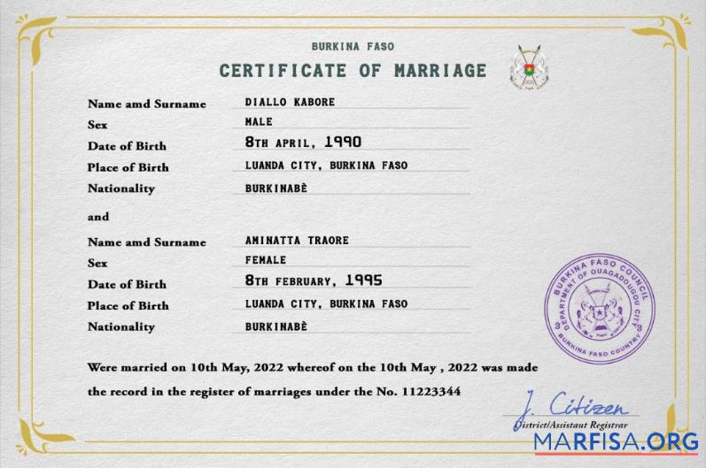 Realistic Burkina Faso marriage certificate PSD template